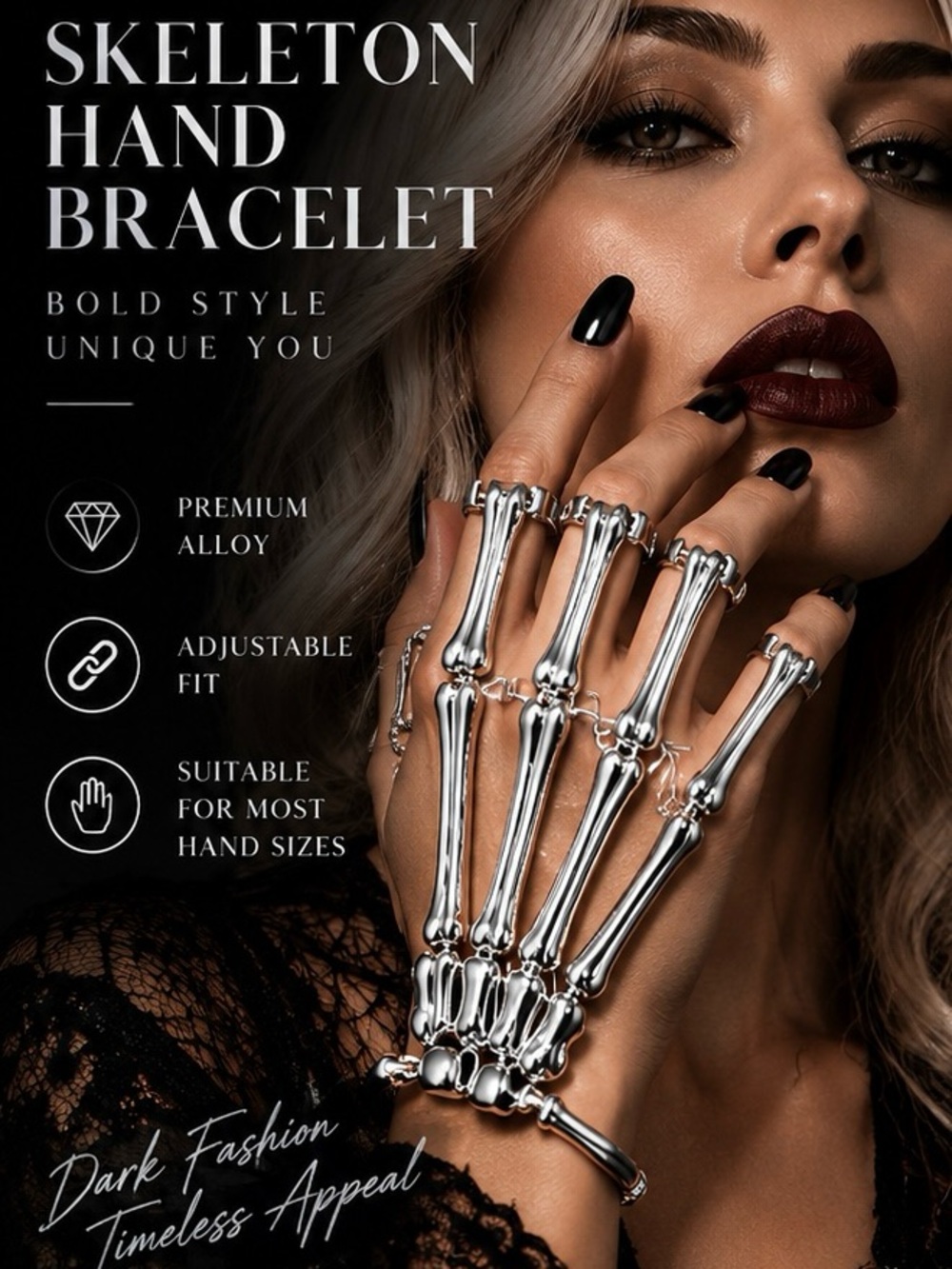 Halloween Skeleton Hand Bracelet Silver-Tone Gothic Hand Harness